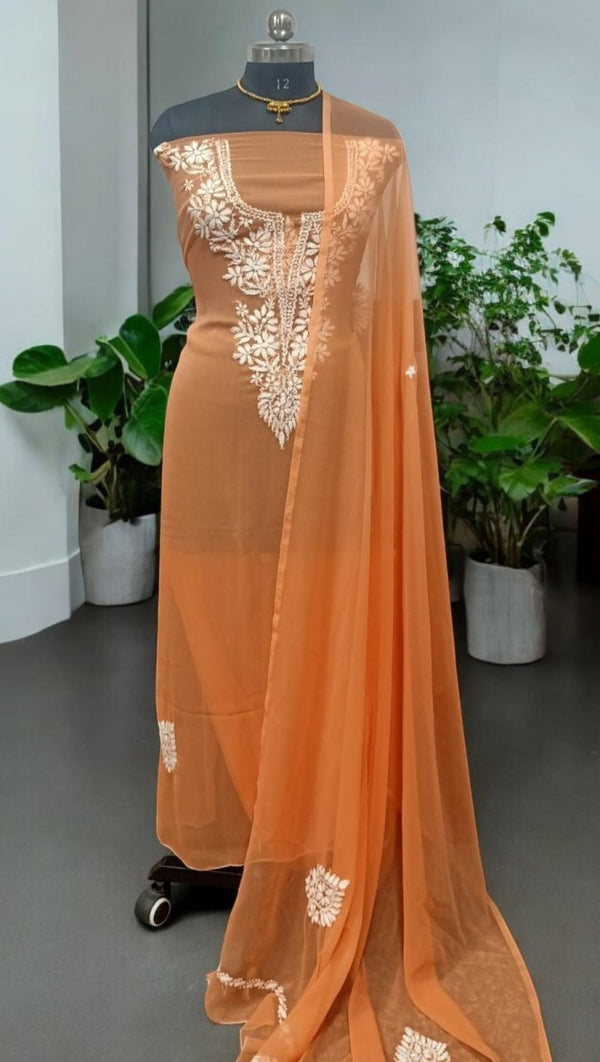 3 pc Lucknow Chikankari Hand Embroidery Chiffon Georgette Unstitched Salwar Suit with Georgette Dupatta - Leheriya