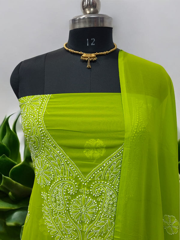 3 pc Lucknow Chikankari Hand Embroidery Chiffon Georgette Unstitched Salwar Suit with Georgette Dupatta - Leheriya