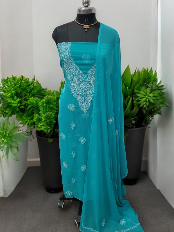 3 pc Lucknow Chikankari Hand Embroidery Chiffon Georgette Unstitched Salwar Suit with Georgette Dupatta - Leheriya