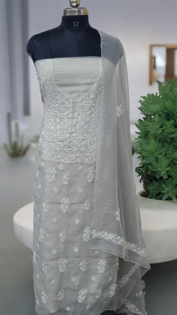 3 pc Lucknow Chikankari Hand Embroidery Chiffon Georgette Unstitched Salwar Suit with Georgette Dupatta - Leheriya