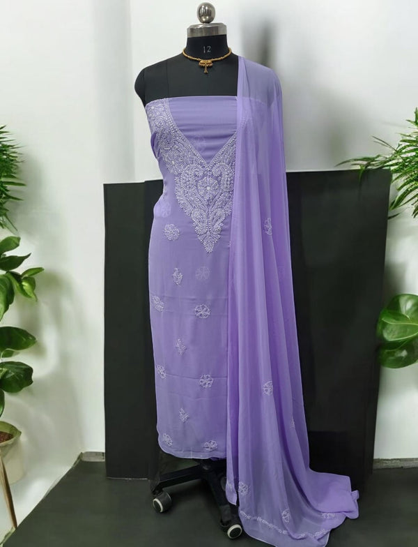 3 pc Lucknow Chikankari Hand Embroidery Chiffon Georgette Unstitched Salwar Suit with Georgette Dupatta - Leheriya