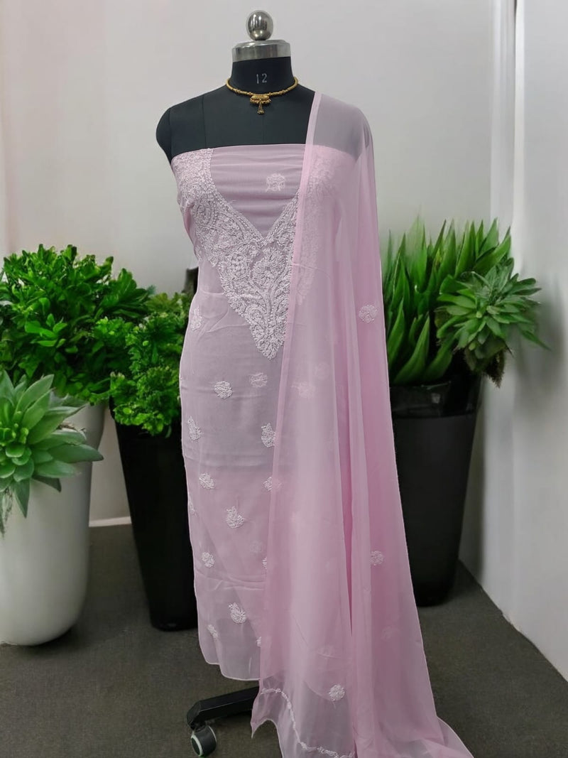 3 pc Lucknow Chikankari Hand Embroidery Chiffon Georgette Unstitched Salwar Suit with Georgette Dupatta - Leheriya