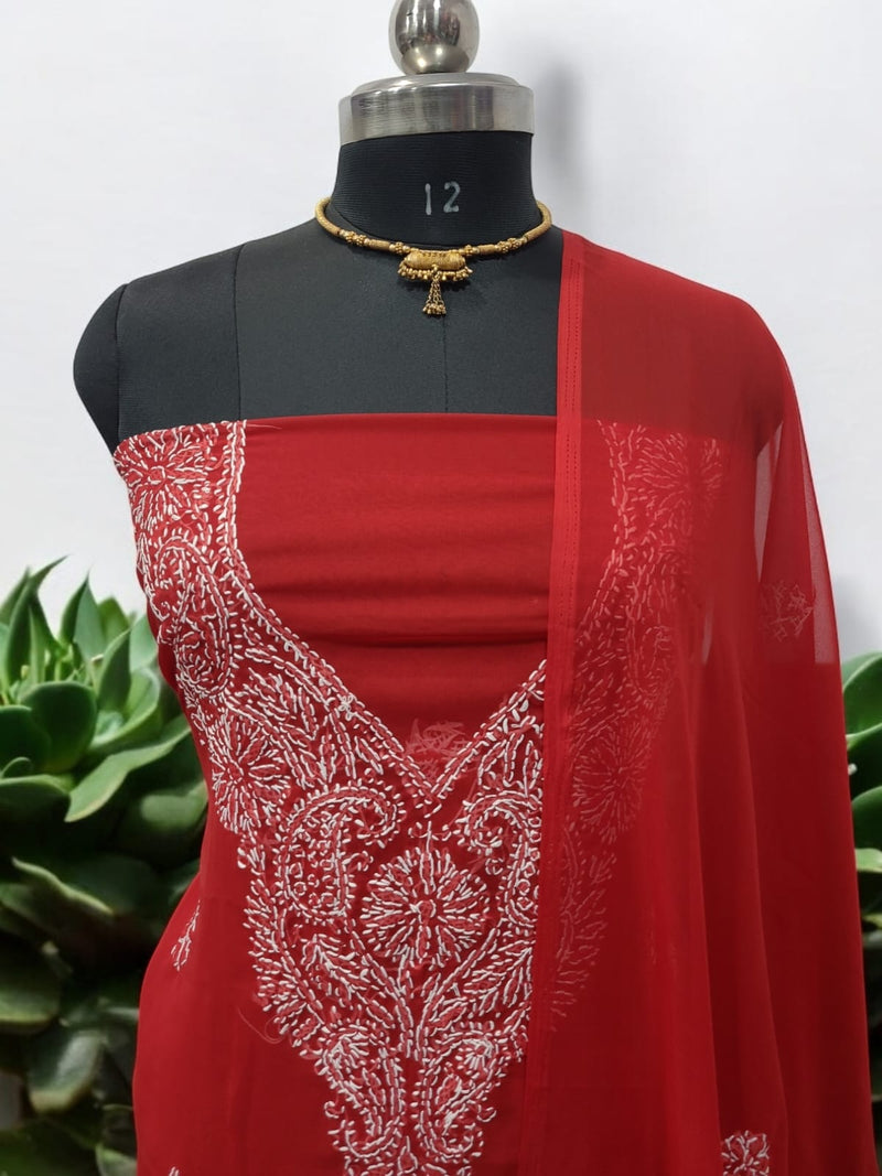 3 pc Lucknow Chikankari Hand Embroidery Chiffon Georgette Unstitched Salwar Suit with Georgette Dupatta - Leheriya