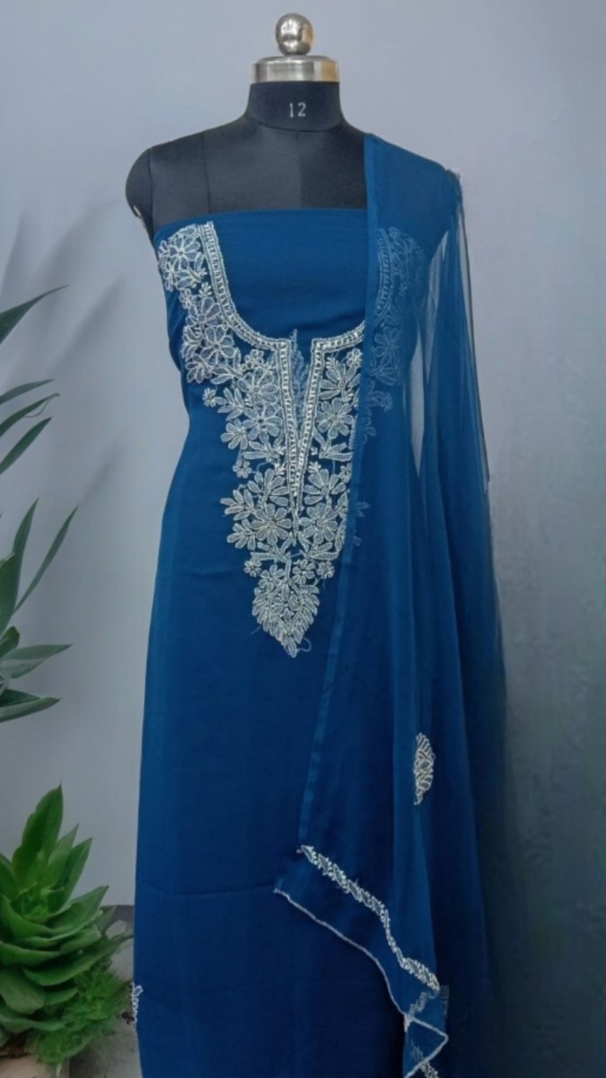 3 pc Lucknow Chikankari Hand Embroidery Chiffon Georgette Unstitched Salwar Suit with Georgette Dupatta - Leheriya