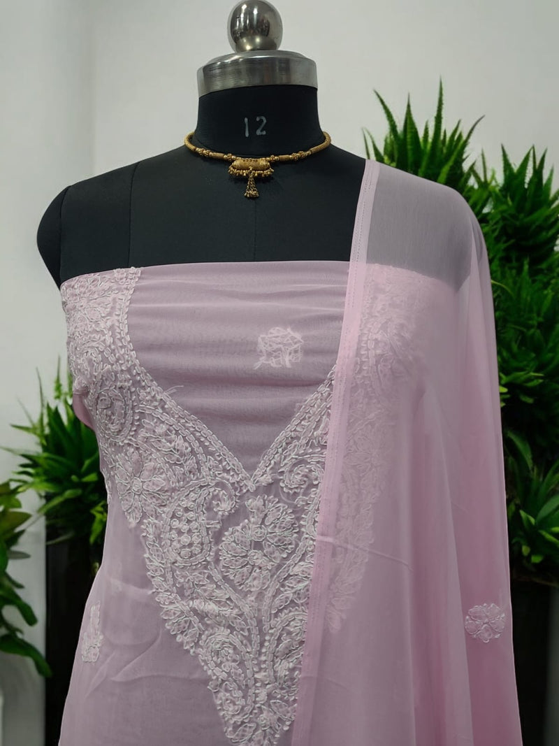 3 pc Lucknow Chikankari Hand Embroidery Chiffon Georgette Unstitched Salwar Suit with Georgette Dupatta - Leheriya