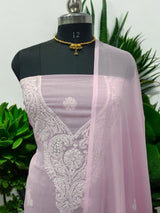 3 pc Lucknow Chikankari Hand Embroidery Chiffon Georgette Unstitched Salwar Suit with Georgette Dupatta - Leheriya