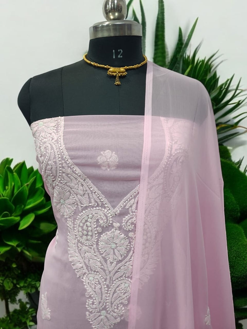 3 pc Lucknow Chikankari Hand Embroidery Chiffon Georgette Unstitched Salwar Suit with Georgette Dupatta - Leheriya