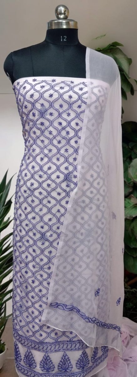 3 pc Lucknow Chikankari Hand Embroidery Chiffon Georgette Unstitched Salwar Suit with Georgette Dupatta - Leheriya