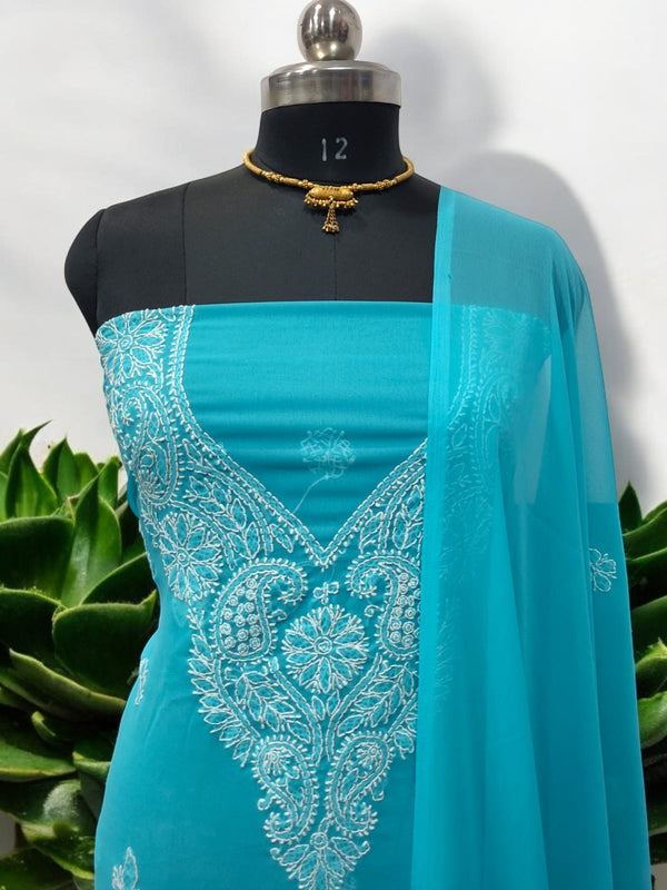 3 pc Lucknow Chikankari Hand Embroidery Chiffon Georgette Unstitched Salwar Suit with Georgette Dupatta - Leheriya