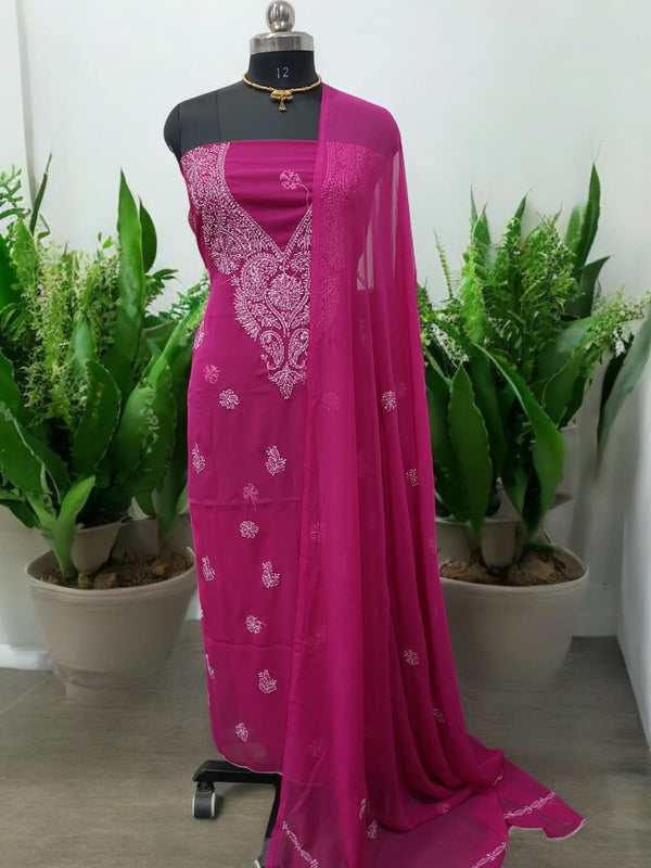 3 pc Lucknow Chikankari Hand Embroidery Chiffon Georgette Unstitched Salwar Suit with Georgette Dupatta - Leheriya