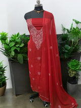 3 pc Lucknow Chikankari Hand Embroidery Chiffon Georgette Unstitched Salwar Suit with Georgette Dupatta - Leheriya