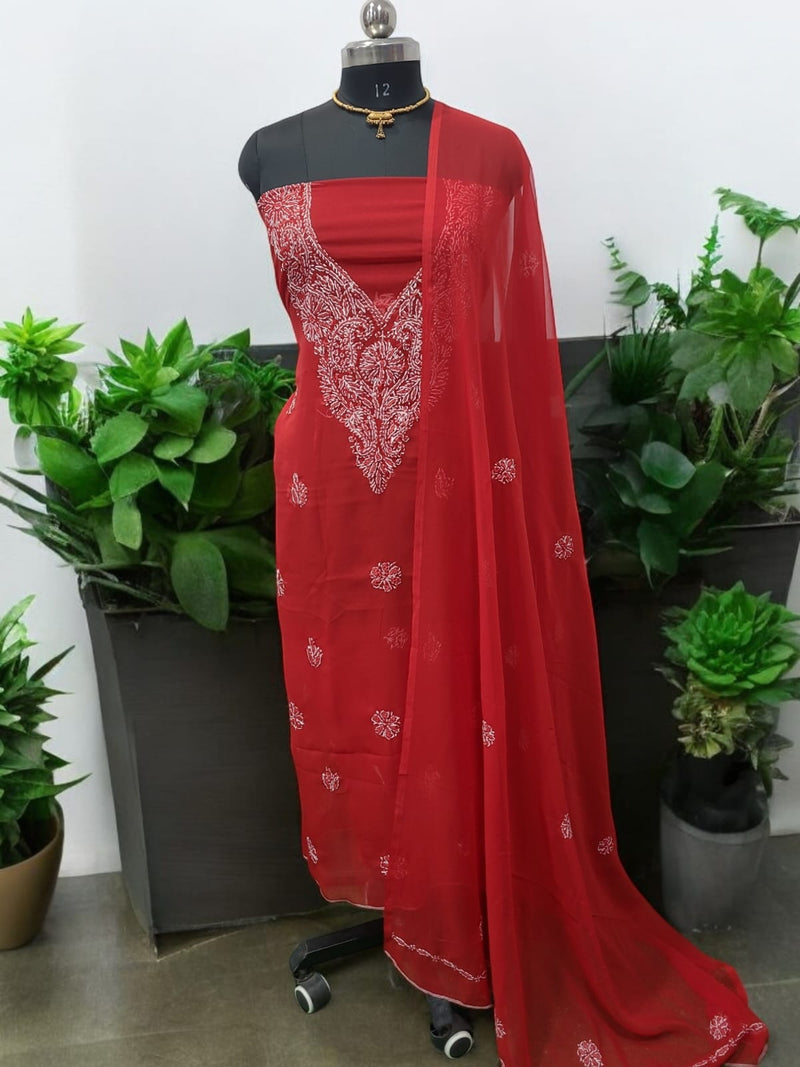 3 pc Lucknow Chikankari Hand Embroidery Chiffon Georgette Unstitched Salwar Suit with Georgette Dupatta - Leheriya