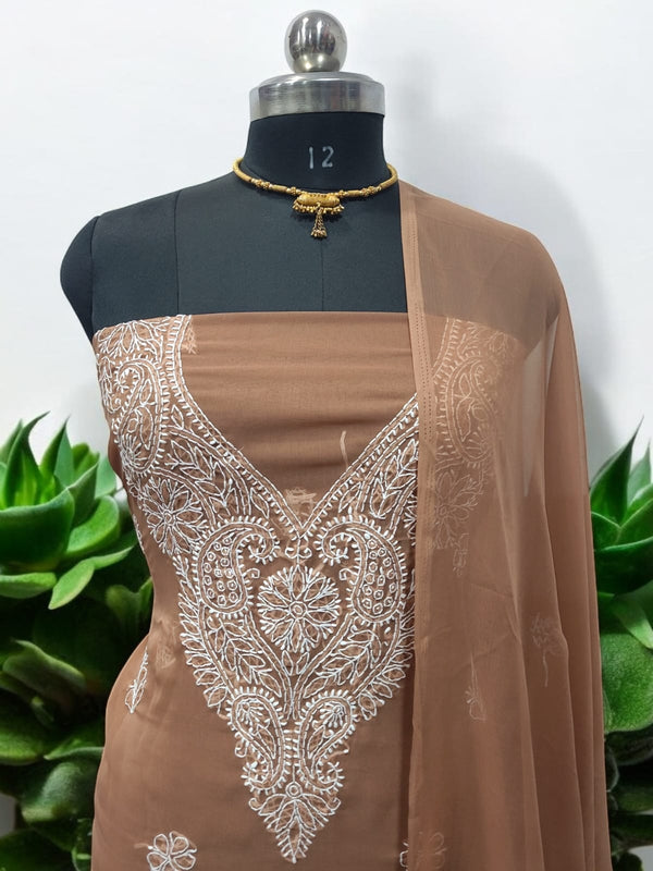 3 pc Lucknow Chikankari Hand Embroidery Chiffon Georgette Unstitched Salwar Suit with Georgette Dupatta - Leheriya