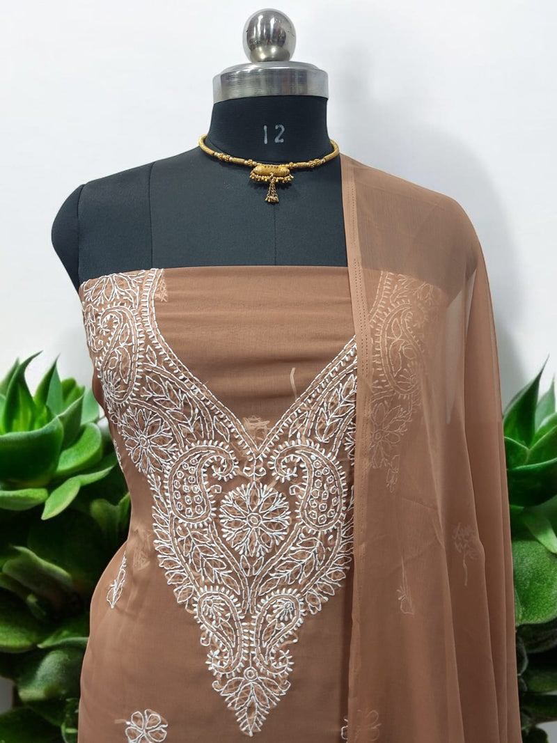 3 pc Lucknow Chikankari Hand Embroidery Chiffon Georgette Unstitched Salwar Suit with Georgette Dupatta - Leheriya