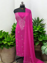 3 pc Lucknow Chikankari Hand Embroidery Chiffon Georgette Unstitched Salwar Suit with Georgette Dupatta - Leheriya