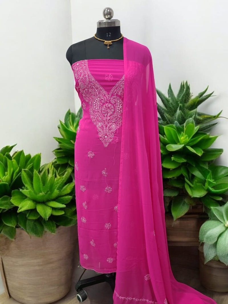 3 pc Lucknow Chikankari Hand Embroidery Chiffon Georgette Unstitched Salwar Suit with Georgette Dupatta - Leheriya