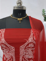 3 pc Lucknow Chikankari Hand Embroidery Chiffon Georgette Unstitched Salwar Suit with Georgette Dupatta Red Color - Leheriya