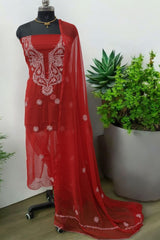 3 pc Lucknow Chikankari Hand Embroidery Chiffon Georgette Unstitched Salwar Suit with Georgette Dupatta Red Color - Leheriya