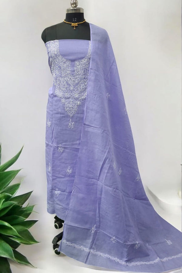 3 pc Lucknow Chikankari Hand Embroidery Pure Cotton Unstitched Salwar Suit - Leheriya