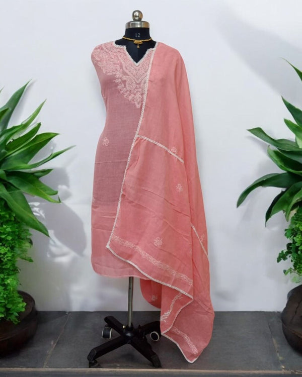 3 pc Lucknow Chikankari Hand Embroidery Pure Cotton Unstitched Salwar Suit - Leheriya