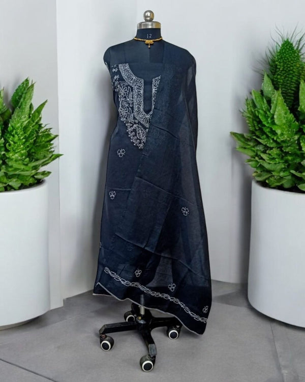 3 pc Lucknow Chikankari Hand Embroidery Pure Cotton Unstitched Salwar Suit - Leheriya