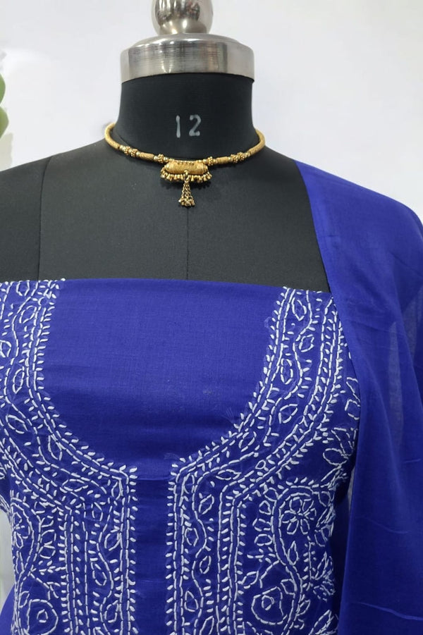 3 pc Lucknow Chikankari Hand Embroidery Pure Cotton Unstitched Salwar Suit - Leheriya