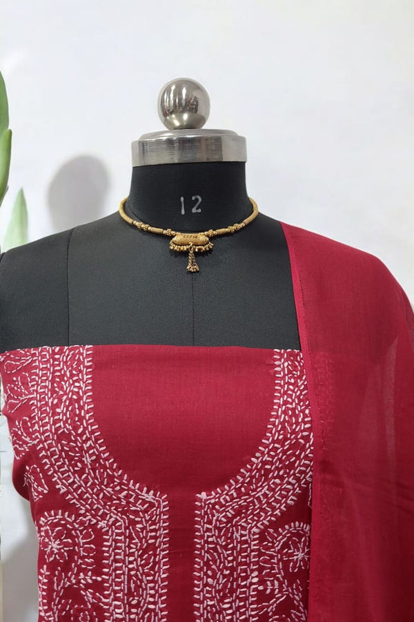 3 pc Lucknow Chikankari Hand Embroidery Pure Cotton Unstitched Salwar Suit - Leheriya