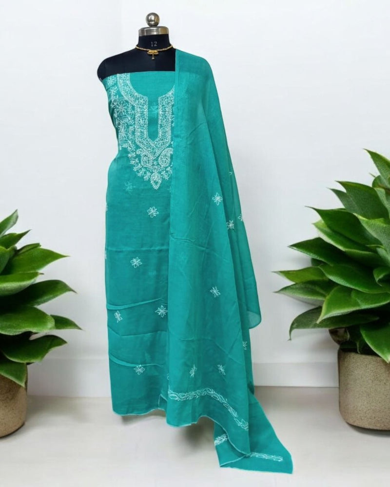 3 pc Lucknow Chikankari Hand Embroidery Pure Cotton Unstitched Salwar Suit - Leheriya