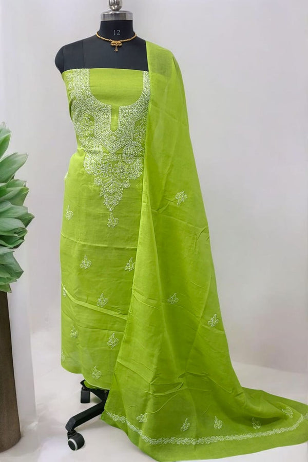 3 pc Lucknow Chikankari Hand Embroidery Pure Cotton Unstitched Salwar Suit - Leheriya