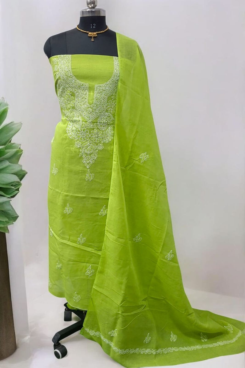 3 pc Lucknow Chikankari Hand Embroidery Pure Cotton Unstitched Salwar Suit - Leheriya