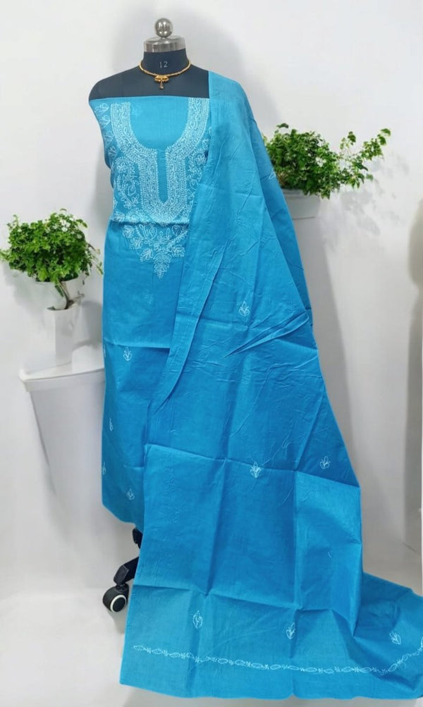 3 pc Lucknow Chikankari Hand Embroidery Pure Cotton Unstitched Salwar Suit - Leheriya