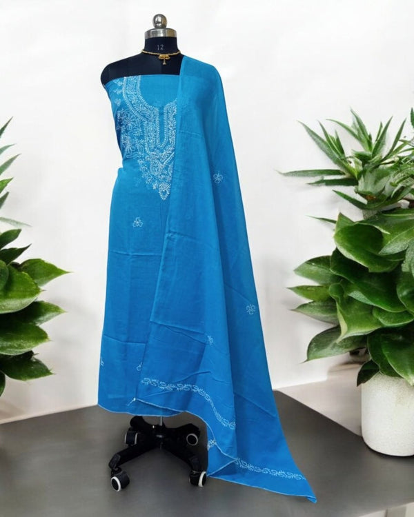 3 pc Lucknow Chikankari Hand Embroidery Pure Cotton Unstitched Salwar Suit - Leheriya