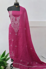 3 pc Lucknow Chikankari Hand Embroidery Pure Cotton Unstitched Salwar Suit - Leheriya