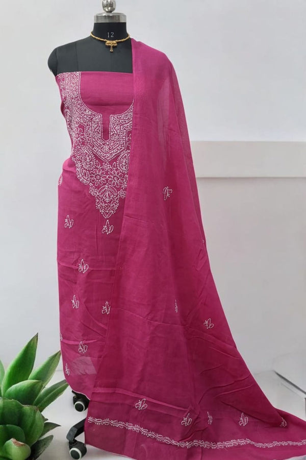 3 pc Lucknow Chikankari Hand Embroidery Pure Cotton Unstitched Salwar Suit - Leheriya