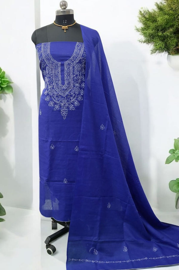 3 pc Lucknow Chikankari Hand Embroidery Pure Cotton Unstitched Salwar Suit - Leheriya