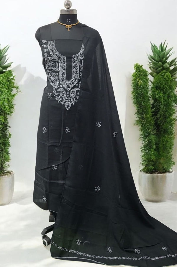 3 pc Lucknow Chikankari Hand Embroidery Pure Cotton Unstitched Salwar Suit - Leheriya