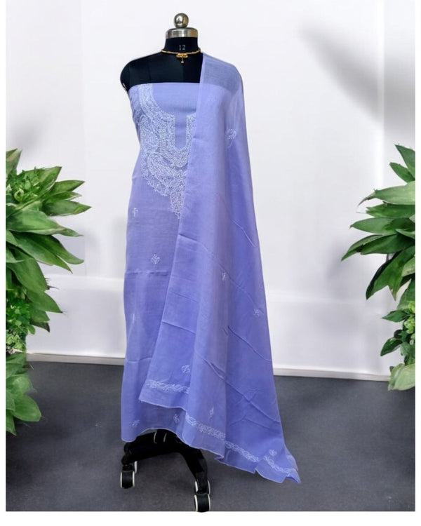 3 pc Lucknow Chikankari Hand Embroidery Pure Cotton Unstitched Salwar Suit - Leheriya