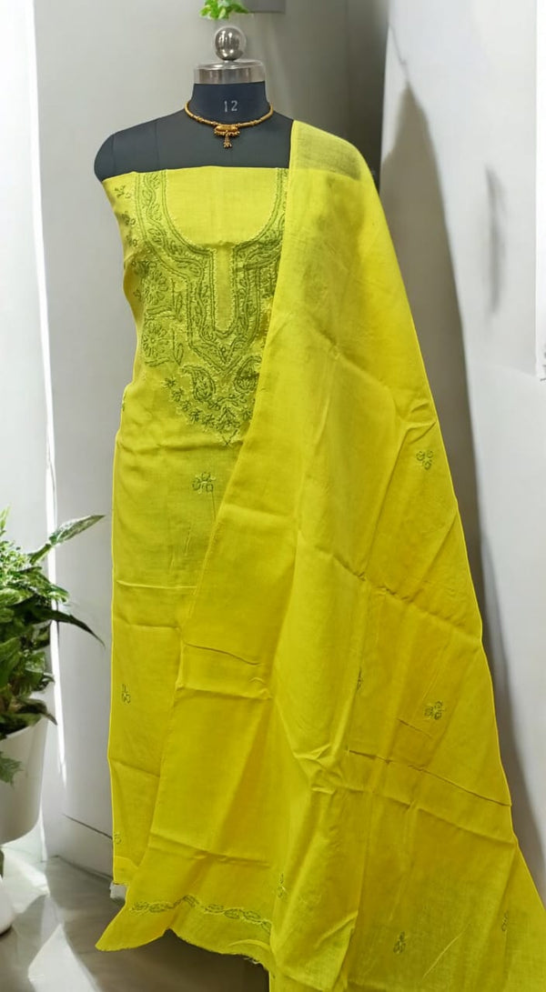 3 pc Lucknow Chikankari Hand Embroidery Pure Cotton Unstitched Salwar Suit - Leheriya