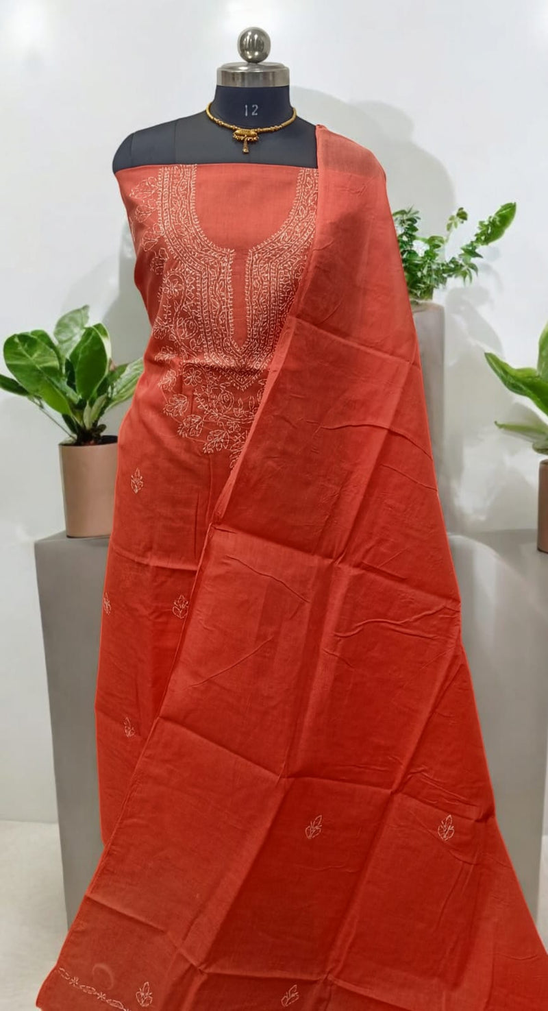3 pc Lucknow Chikankari Hand Embroidery Pure Cotton Unstitched Salwar Suit - Leheriya