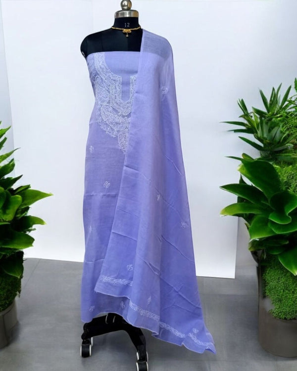 3 pc Lucknow Chikankari Hand Embroidery Pure Cotton Unstitched Salwar Suit - Leheriya