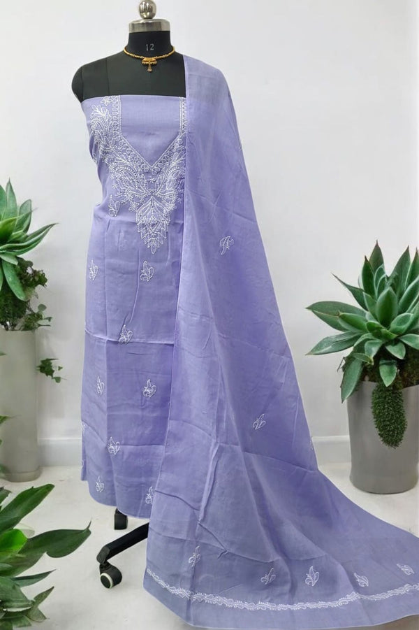 3 pc Lucknow Chikankari Hand Embroidery Pure Cotton Unstitched Salwar Suit - Leheriya