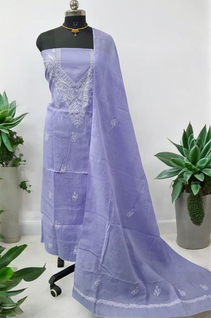 3 pc Lucknow Chikankari Hand Embroidery Pure Cotton Unstitched Salwar Suit - Leheriya