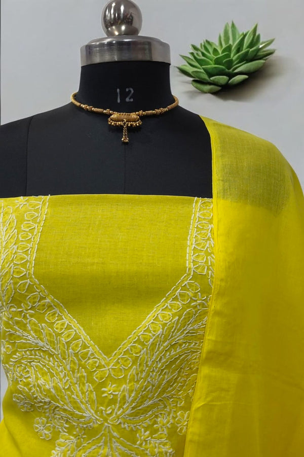 3 pc Lucknow Chikankari Hand Embroidery Pure Cotton Unstitched Salwar Suit - Leheriya