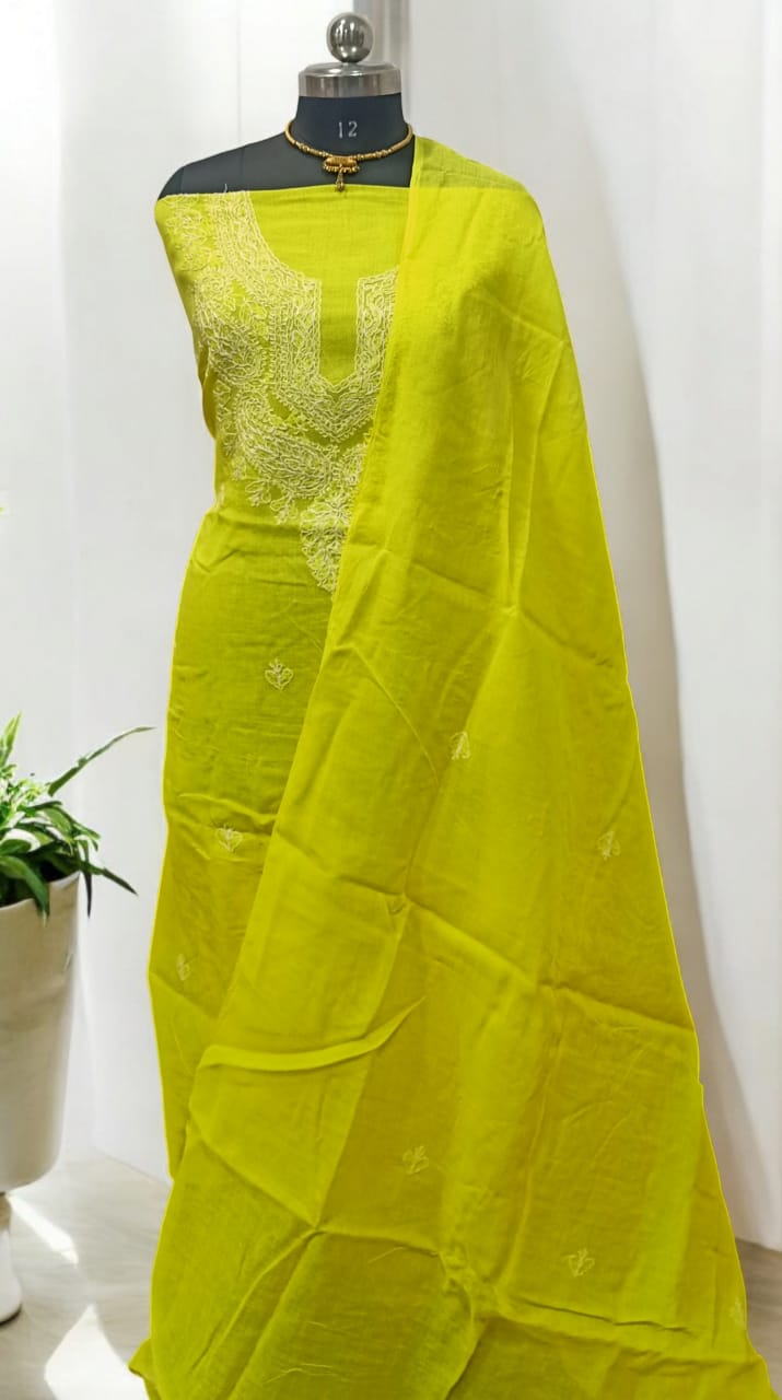 3 pc Lucknow Chikankari Hand Embroidery Pure Cotton Unstitched Salwar Suit - Leheriya