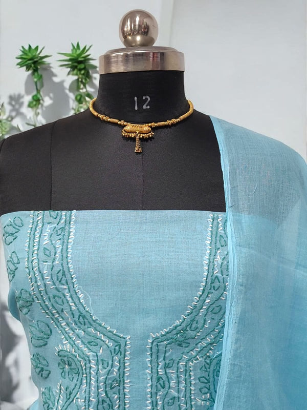 3 pc Lucknow Chikankari Hand Embroidery Pure Cotton Unstitched Salwar Suit - Leheriya