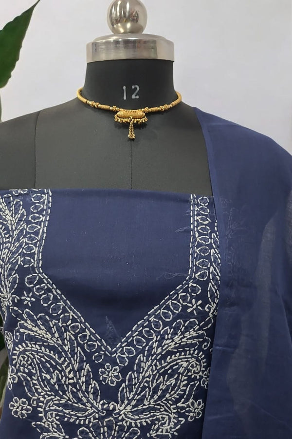 3 pc Lucknow Chikankari Hand Embroidery Pure Cotton Unstitched Salwar Suit - Leheriya