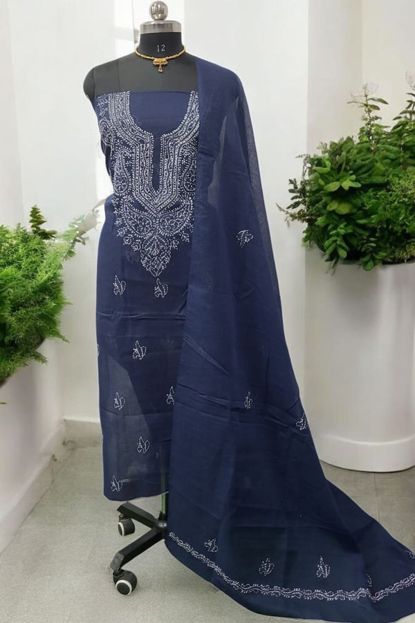 3 pc Lucknow Chikankari Hand Embroidery Pure Cotton Unstitched Salwar Suit - Leheriya
