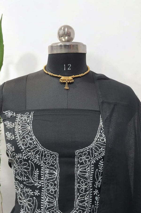 3 pc Lucknow Chikankari Hand Embroidery Pure Cotton Unstitched Salwar Suit - Leheriya