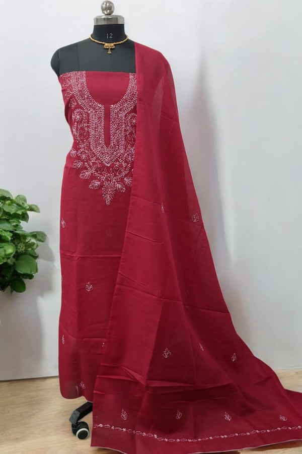 3 pc Lucknow Chikankari Hand Embroidery Pure Cotton Unstitched Salwar Suit - Leheriya