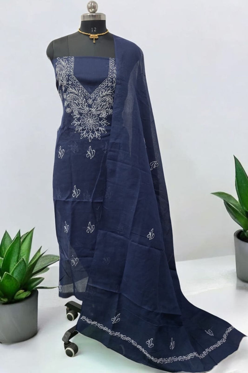 3 pc Lucknow Chikankari Hand Embroidery Pure Cotton Unstitched Salwar Suit - Leheriya